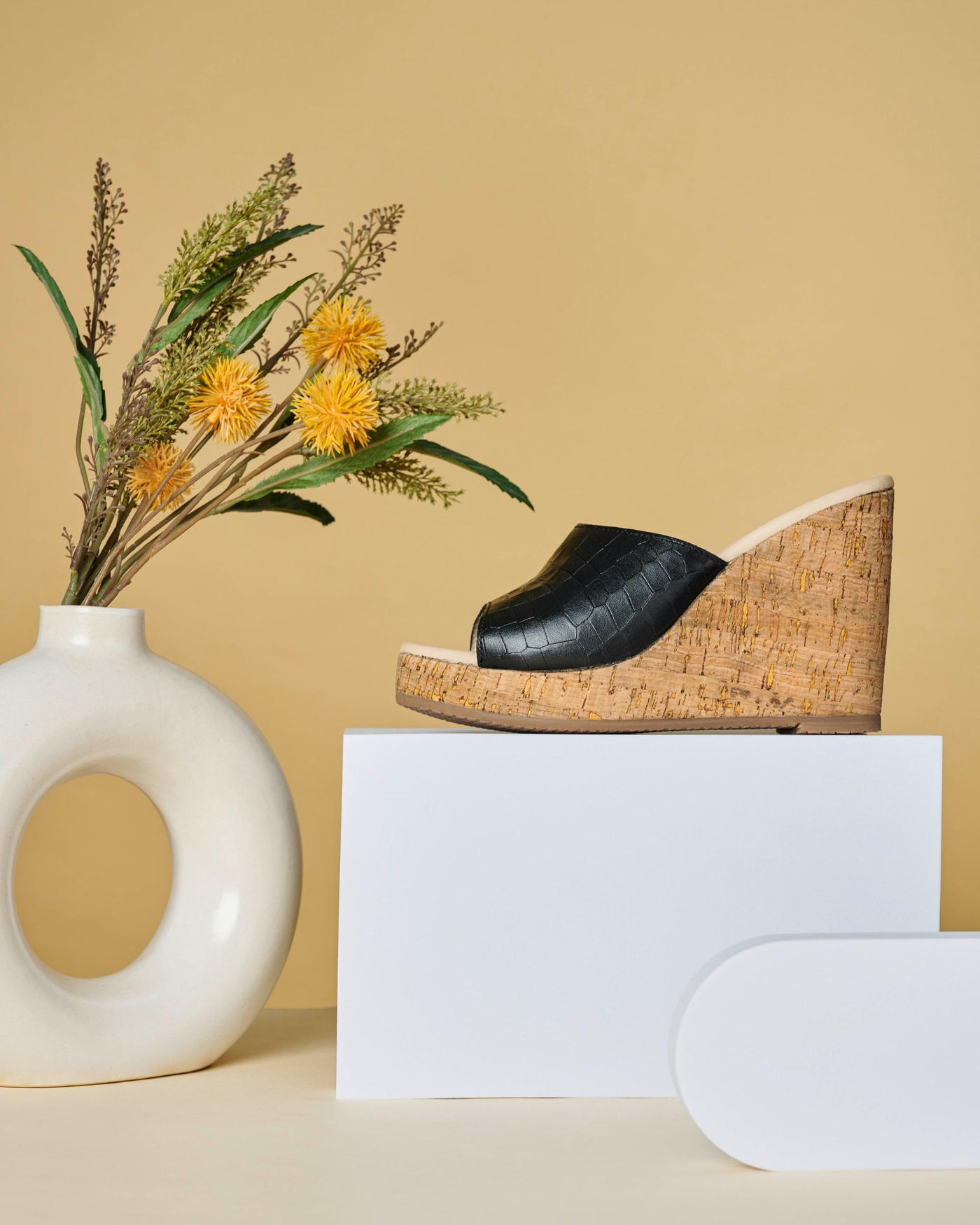 Sage Black Leather Wedges