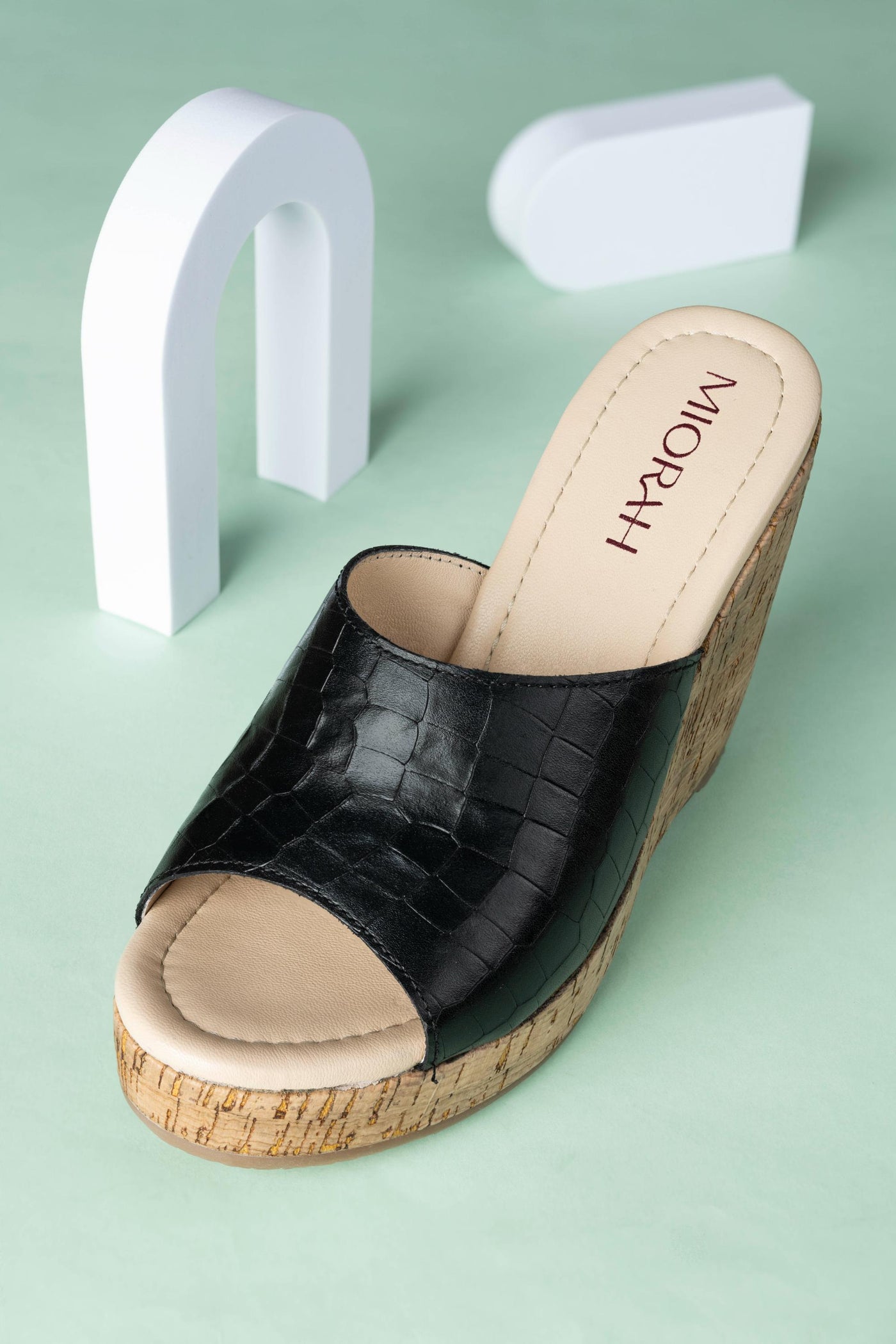 Sage Black Leather Wedges