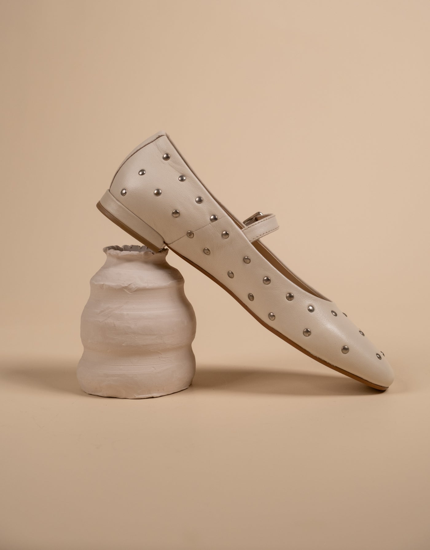 Diva White Leather Stud Ballerinas