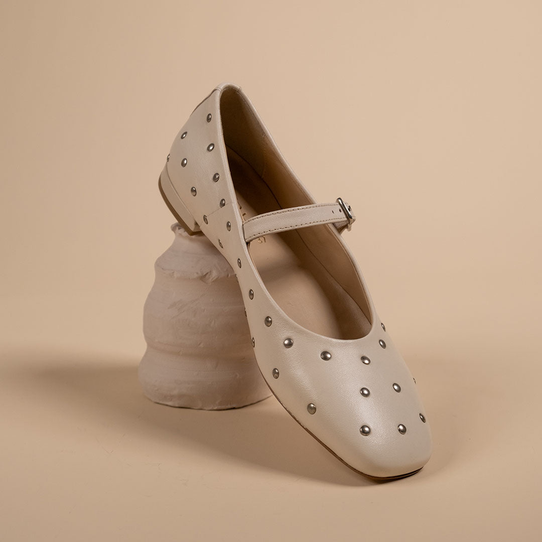 Diva White Leather Stud Ballerinas