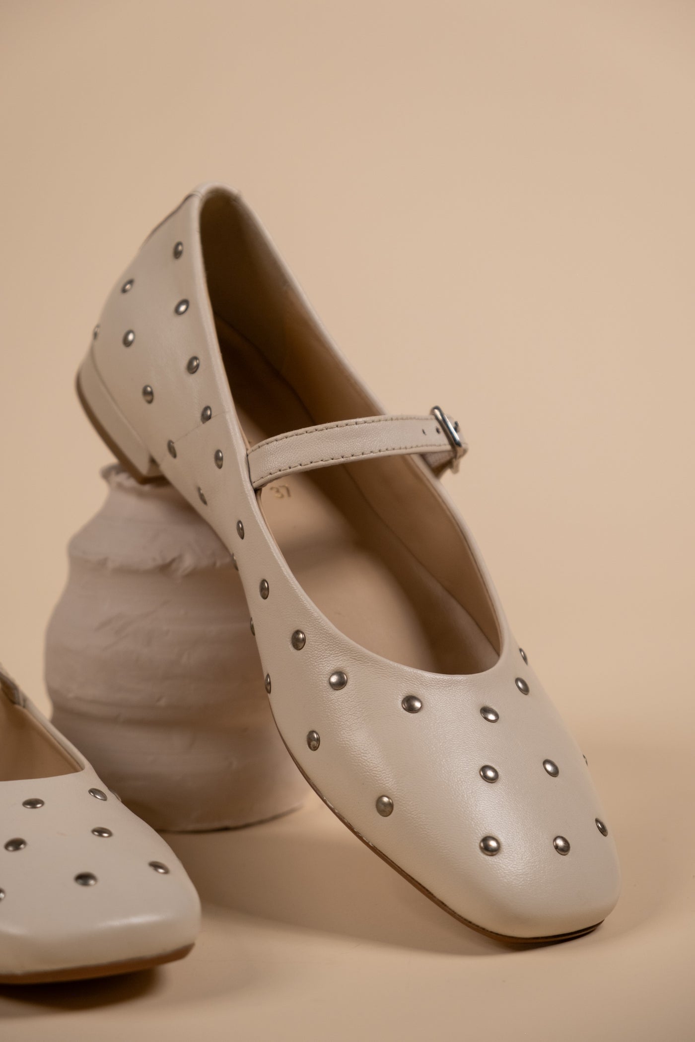 Diva White Leather Stud Ballerinas