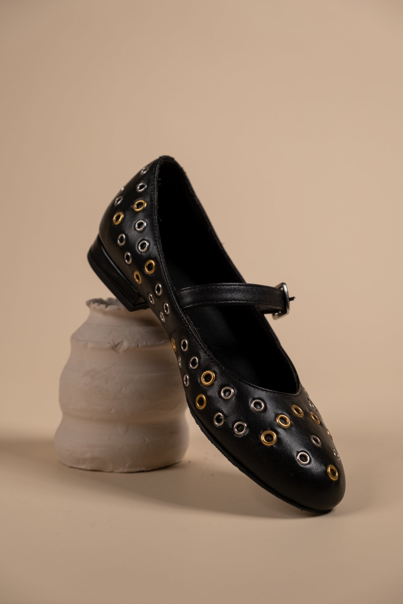 Zeva Black Leather Stud Ballerinas