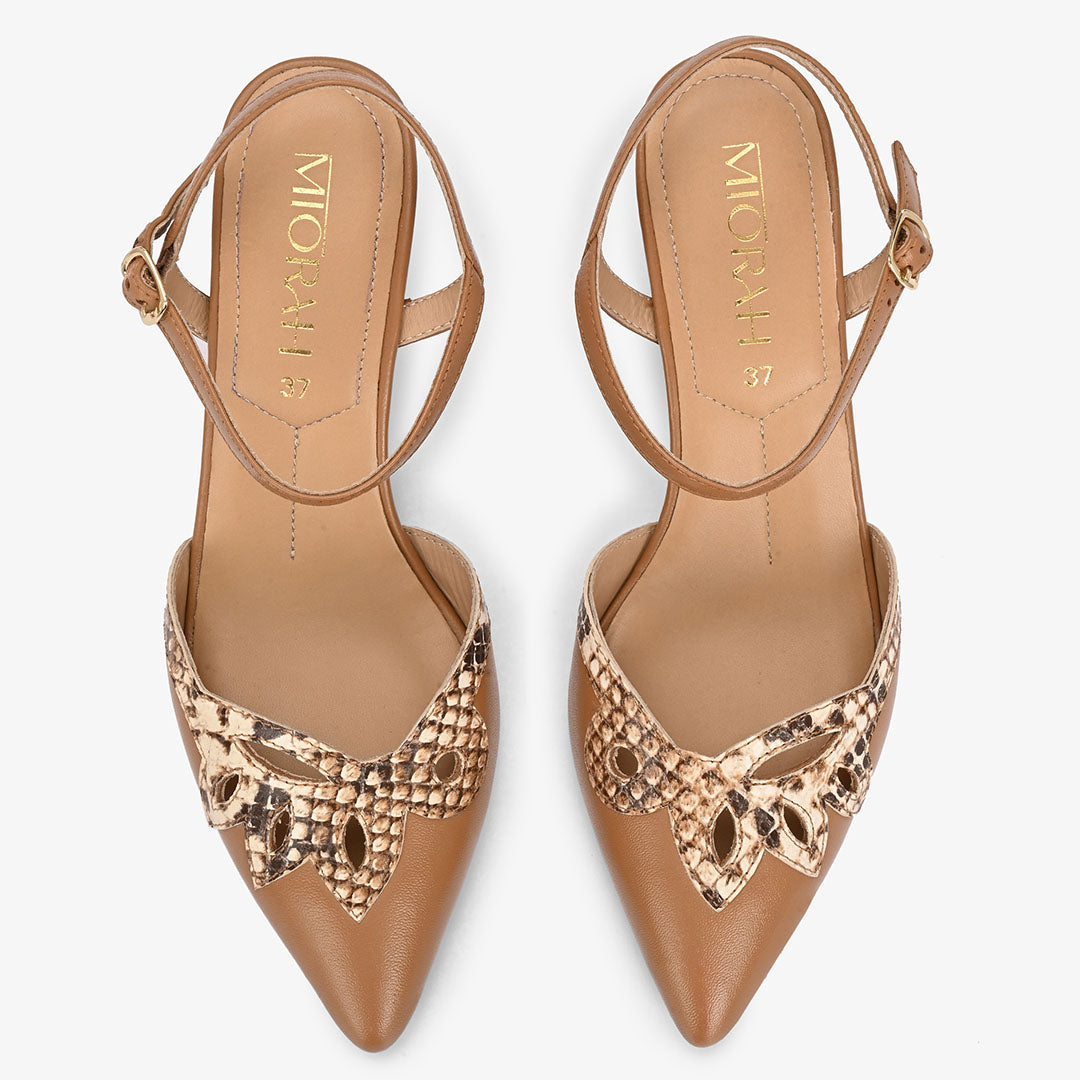 Elysia Snake Print Leather Ankle Strap Heels