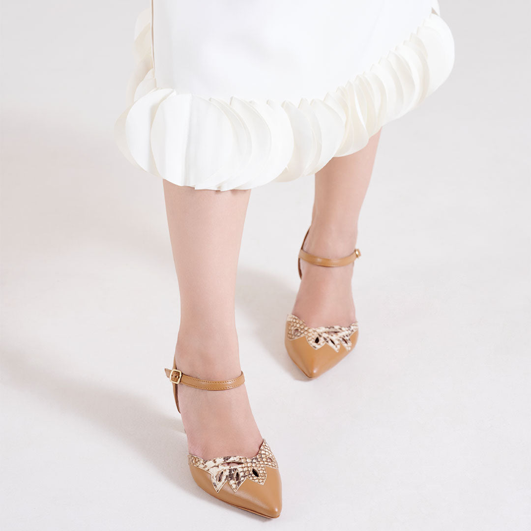 Elysia Snake Print Leather Ankle Strap Heels