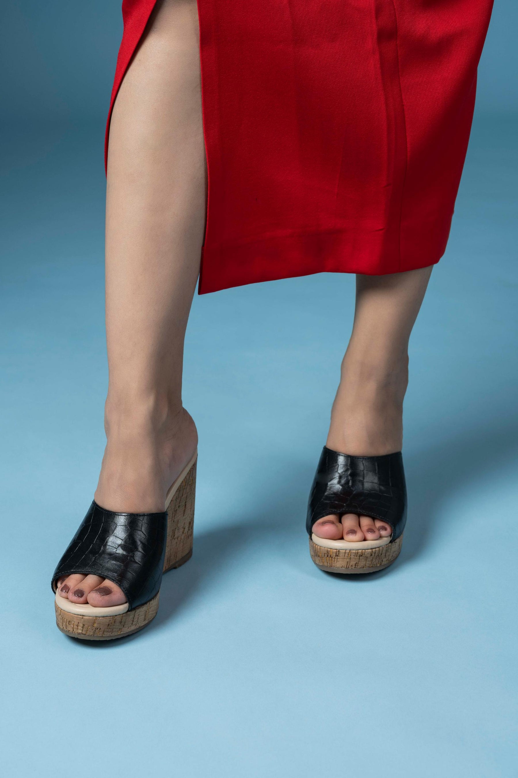 Sage Black Leather Wedges