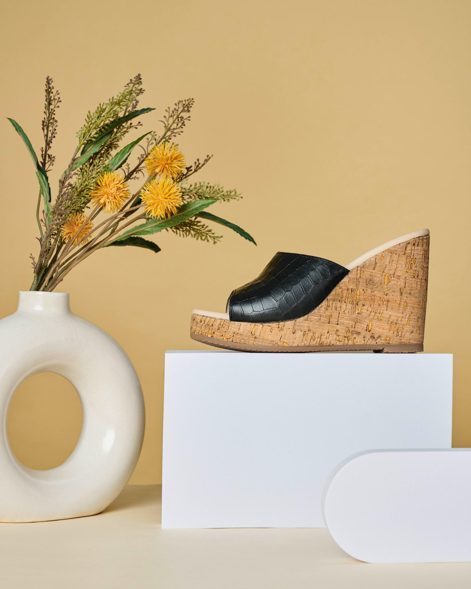 Sage Black Leather Wedges