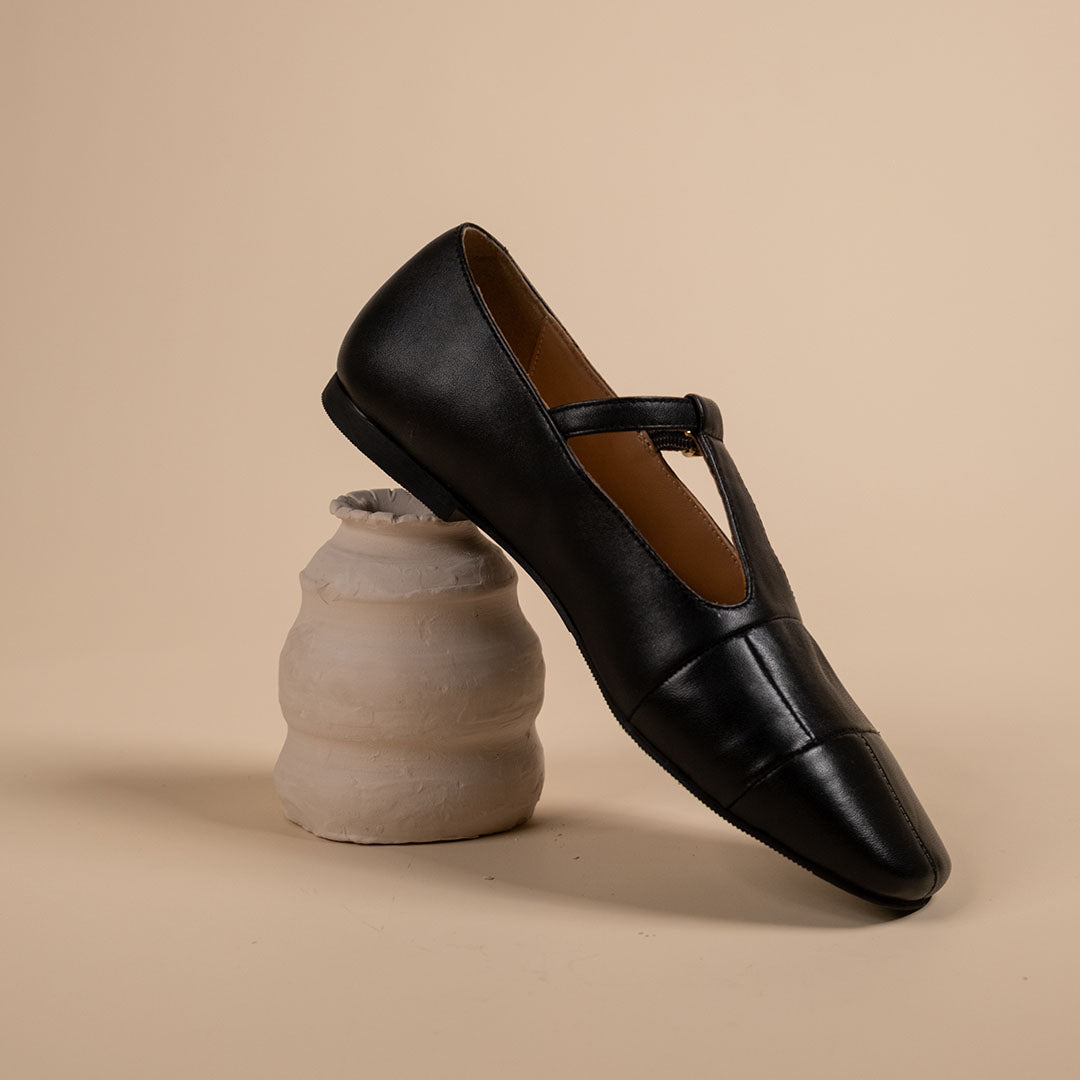 Zenith Black Leather Strappy Ballerinas