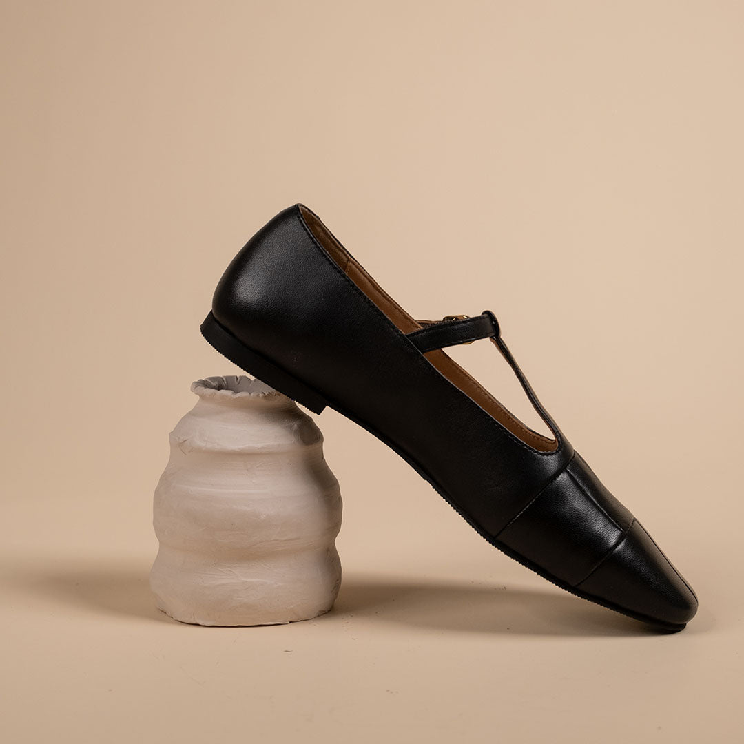 Zenith Black Leather Strappy Ballerinas