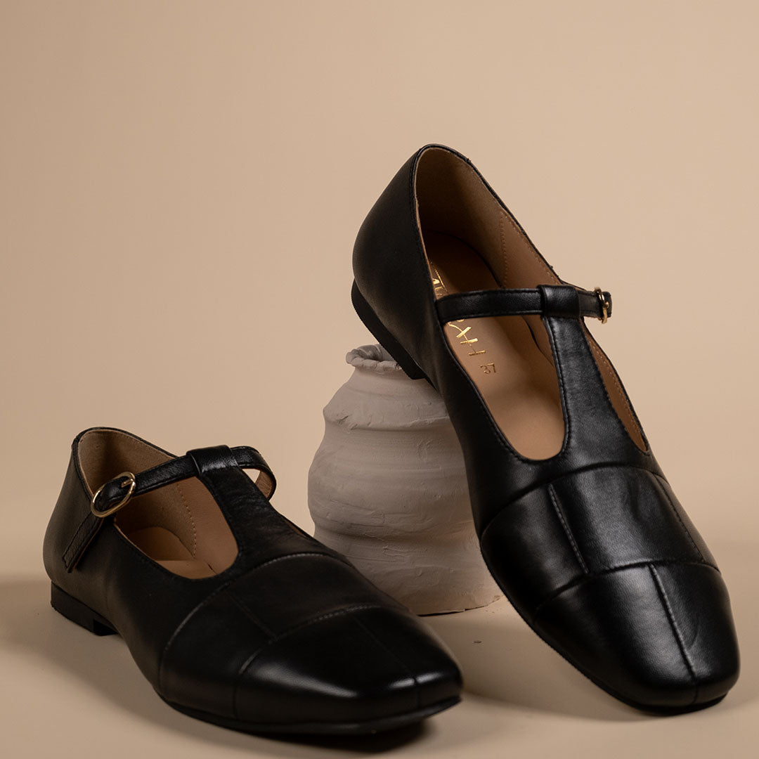 Zenith Black Leather Strappy Ballerinas