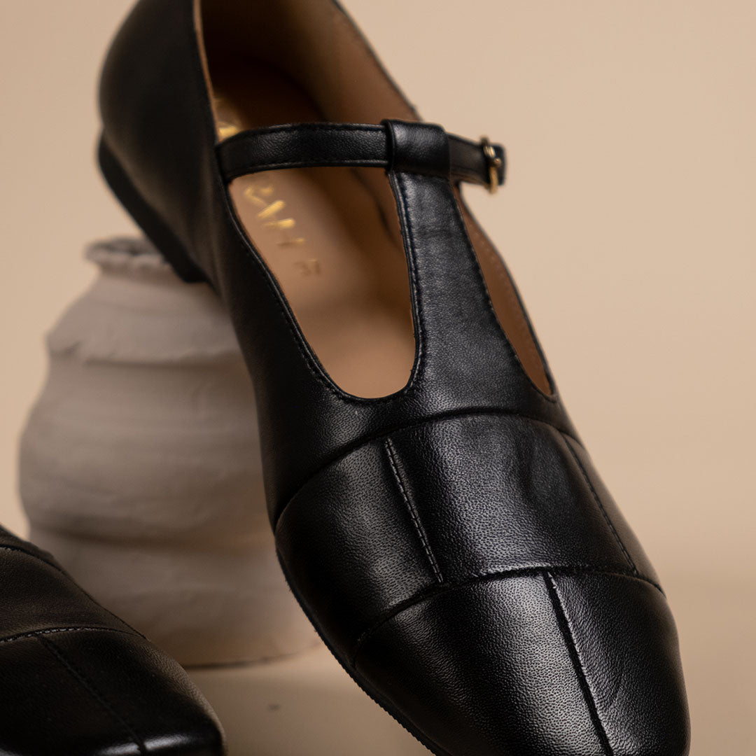 Zenith Black Leather Strappy Ballerinas