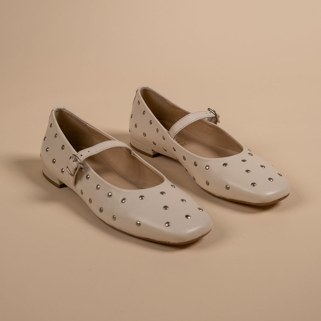 Diva White Leather Stud Ballerinas