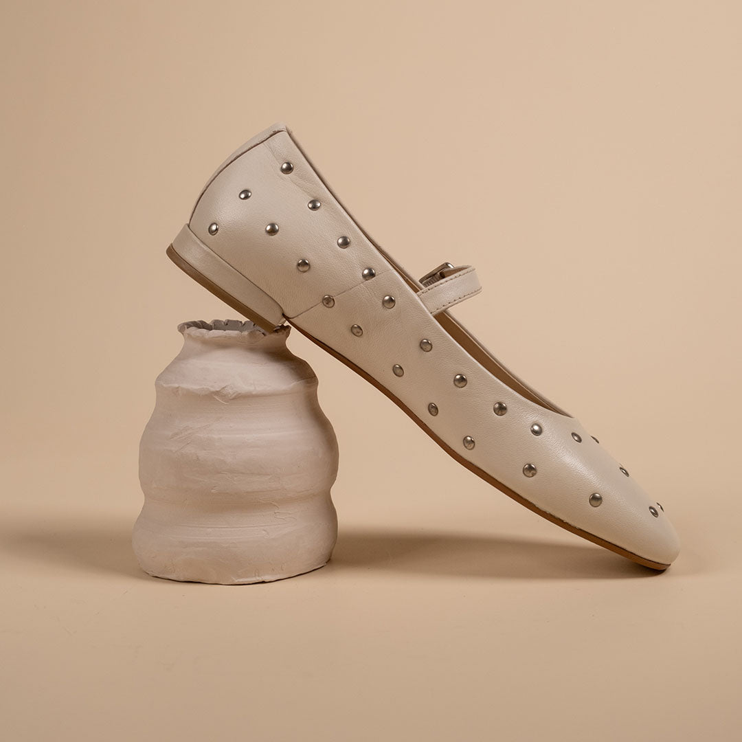 Diva White Leather Stud Ballerinas