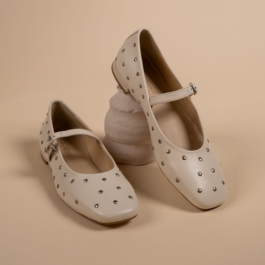 Diva White Leather Stud Ballerinas