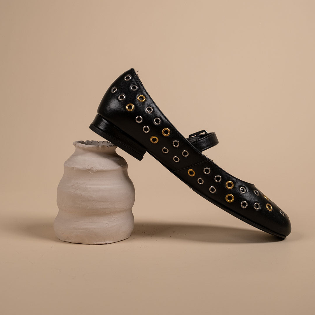 Zeva Black Leather Stud Ballerinas