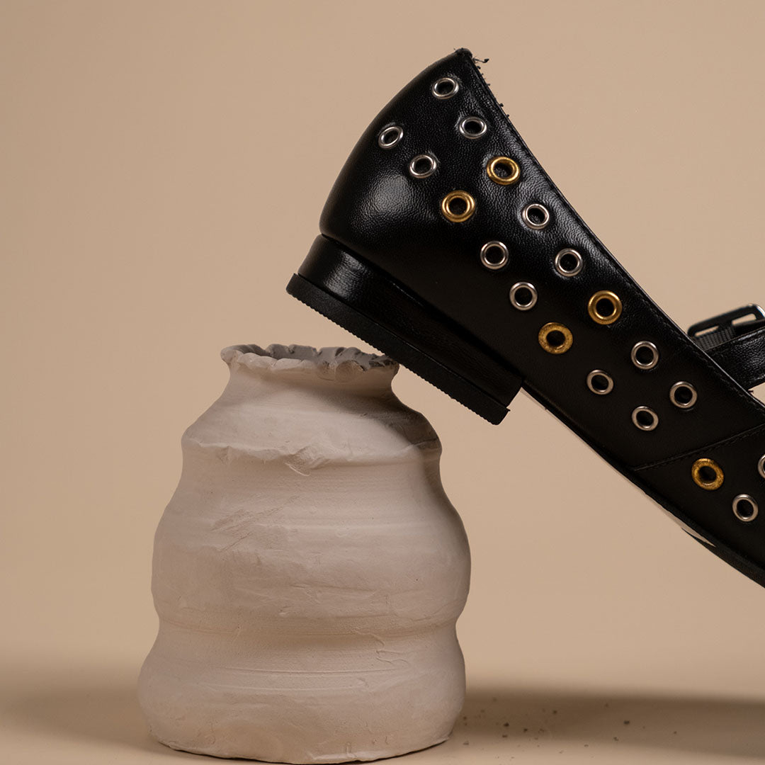 Zeva Black Leather Stud Ballerinas