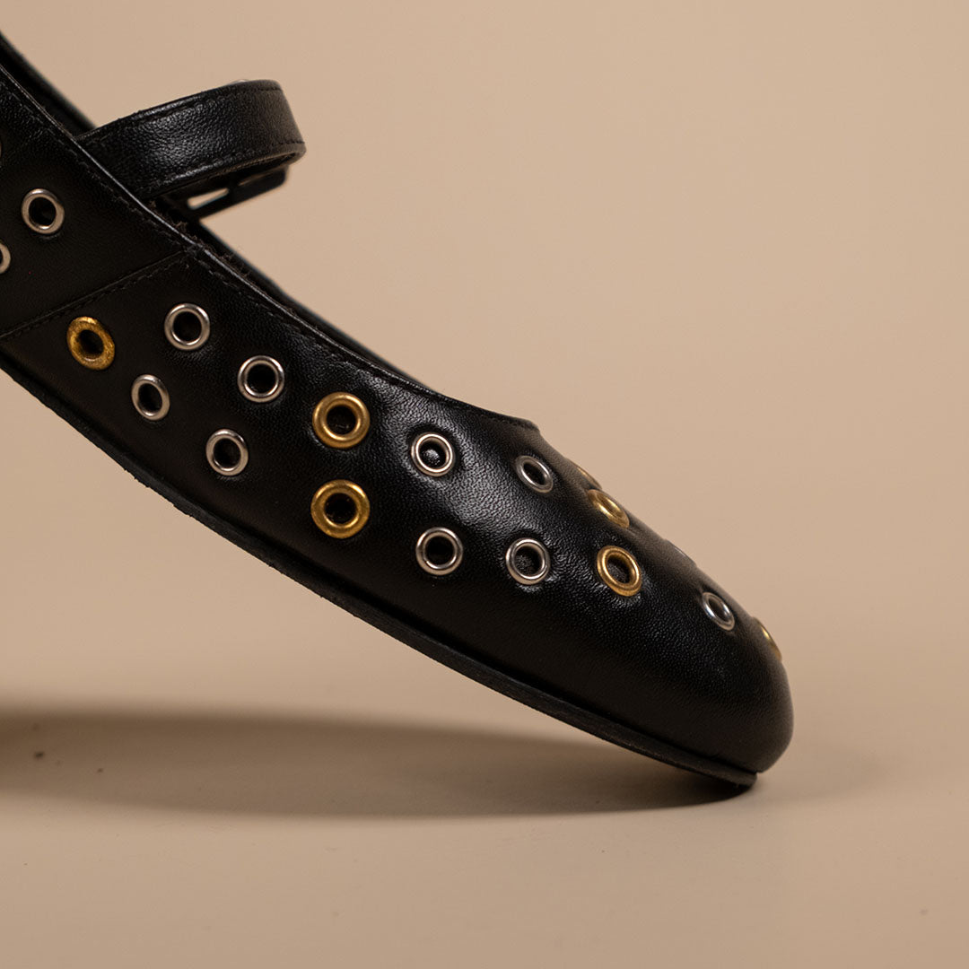 Zeva Black Leather Stud Ballerinas