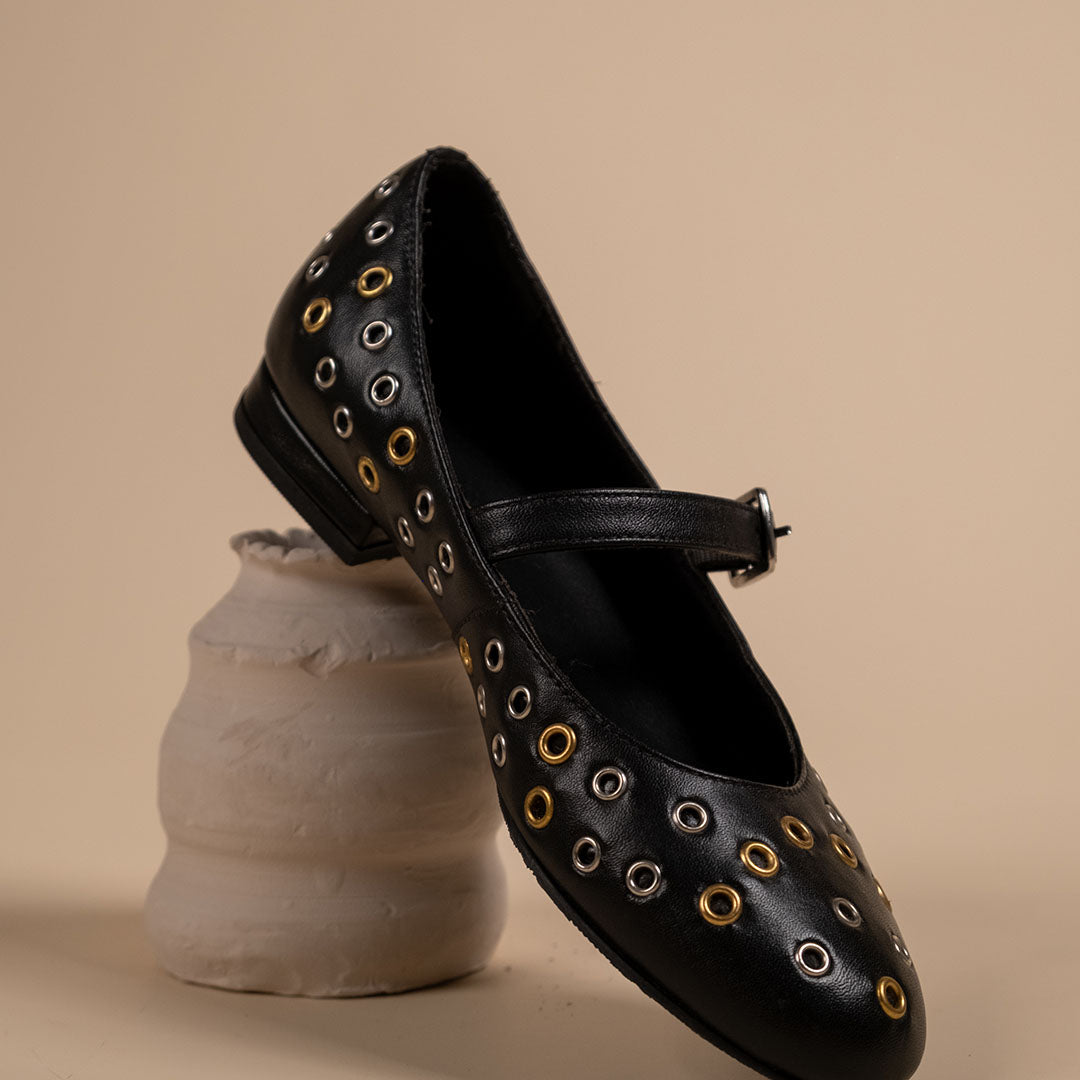 Zeva Black Leather Stud Ballerinas