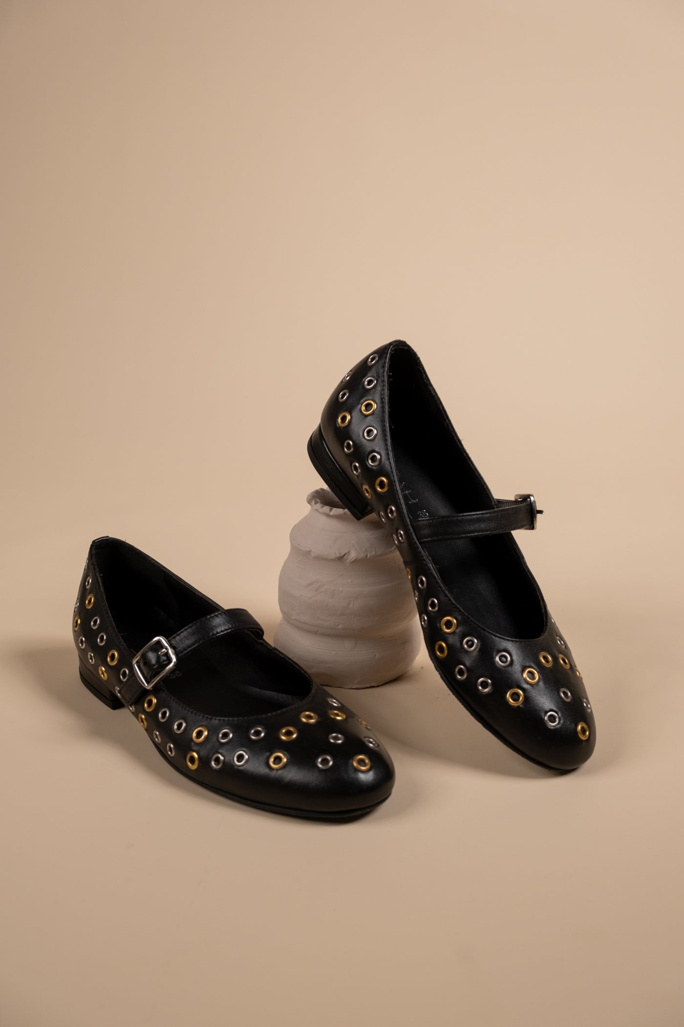 Zeva Black Leather Stud Ballerinas