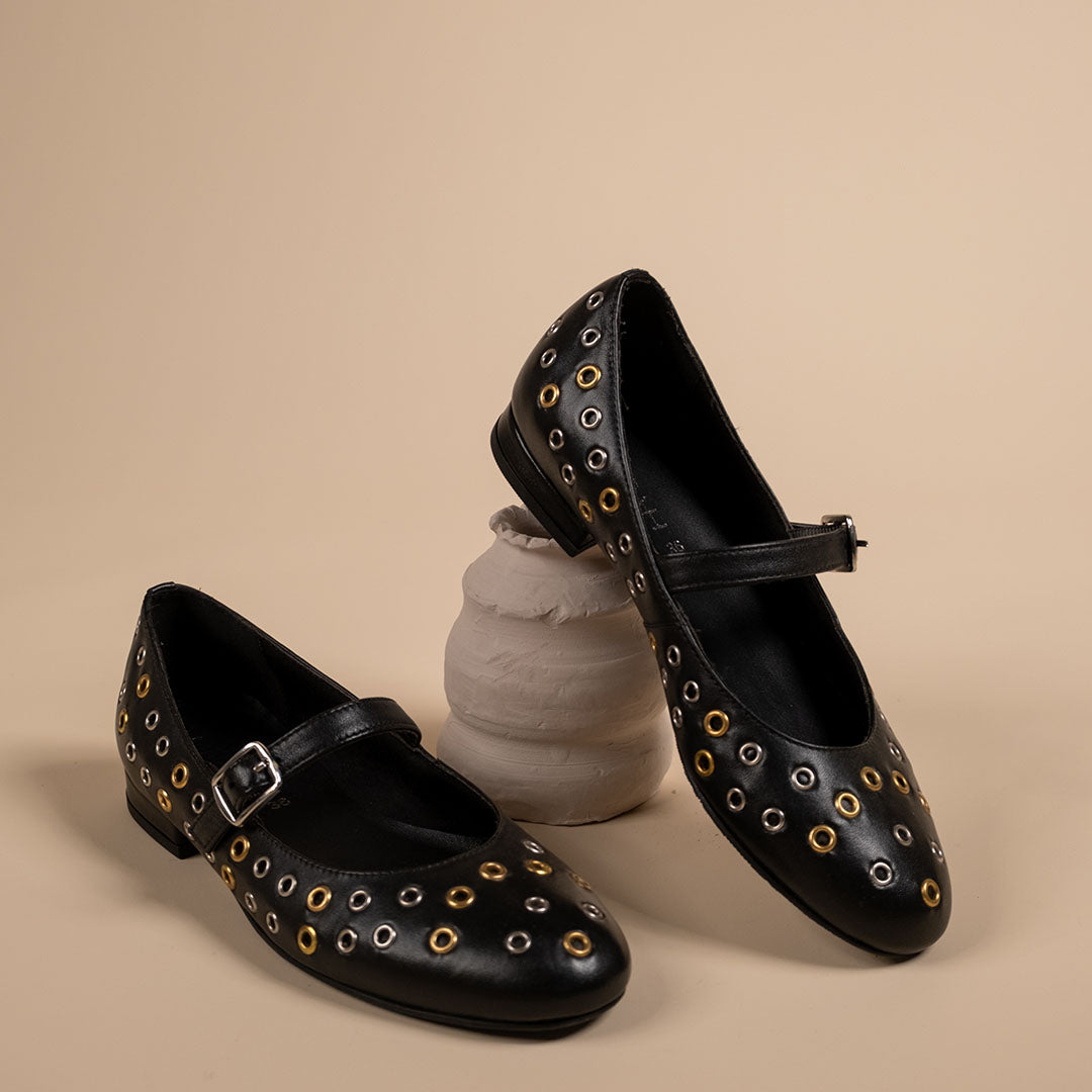 Zeva Black Leather Stud Ballerinas