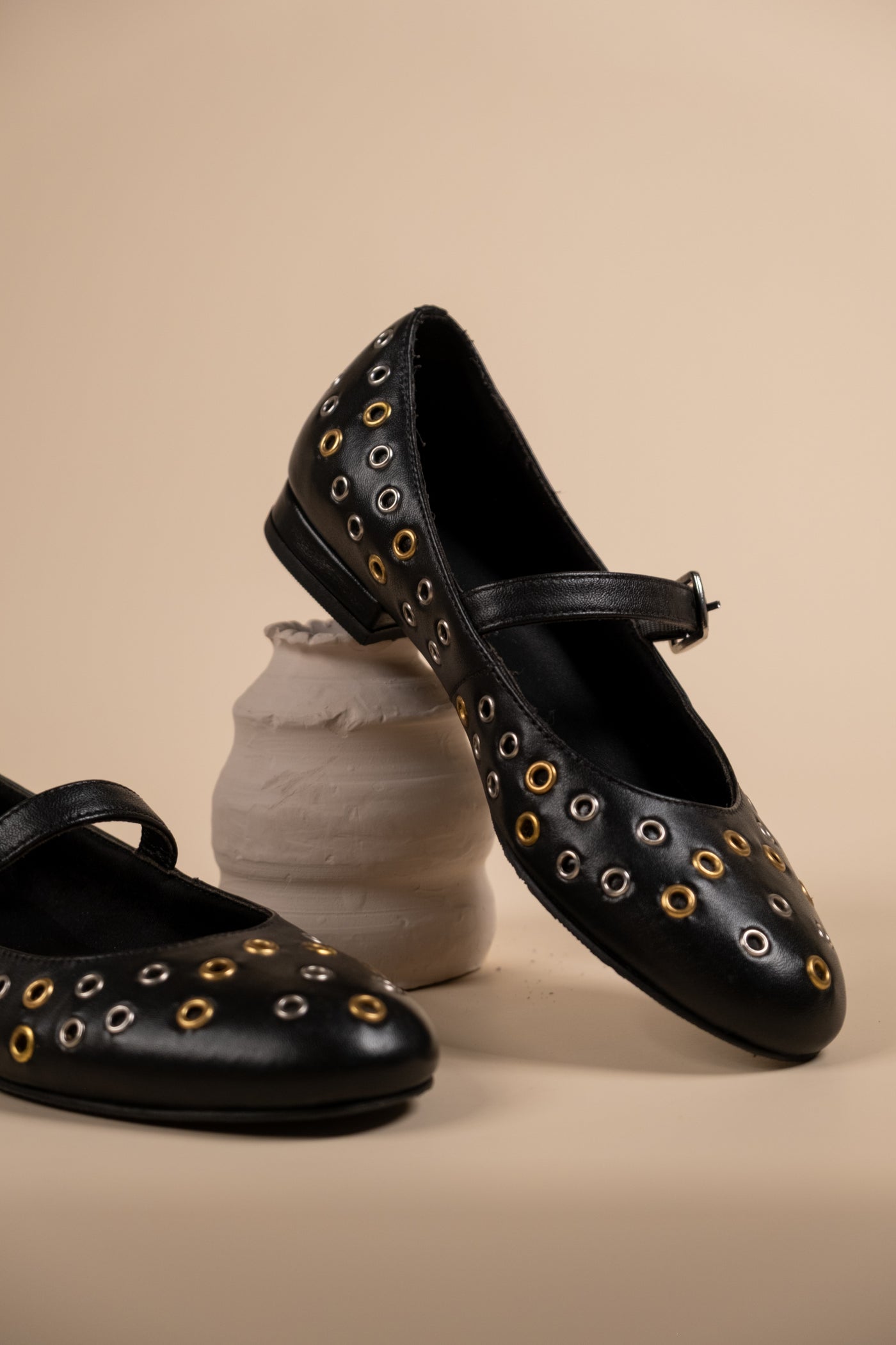 Zeva Black Leather Stud Ballerinas