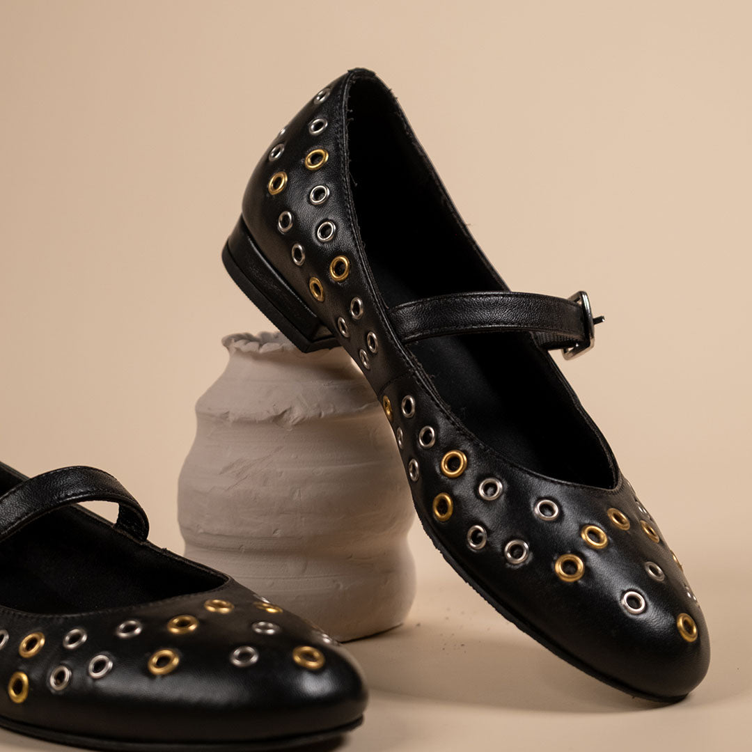 Zeva Black Leather Stud Ballerinas
