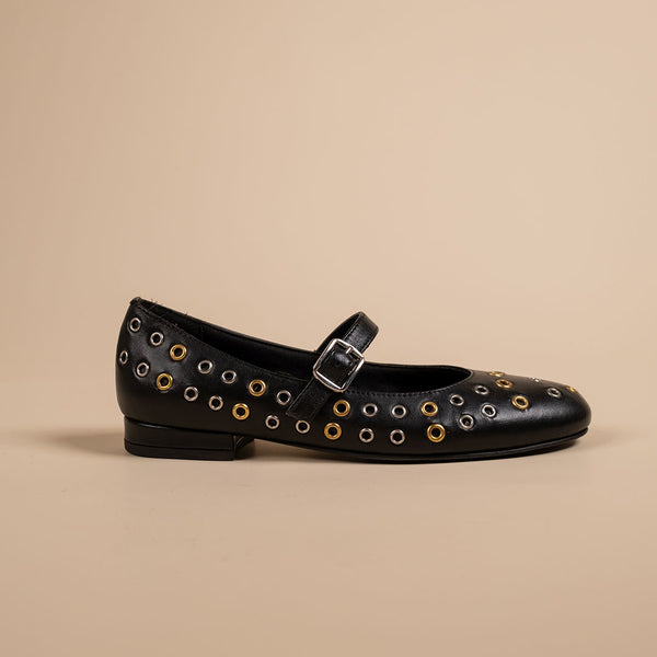 Zeva Black Leather Stud Ballerinas