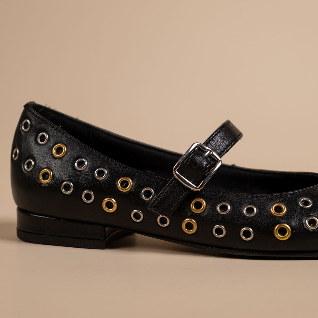 Zeva Black Leather Stud Ballerinas