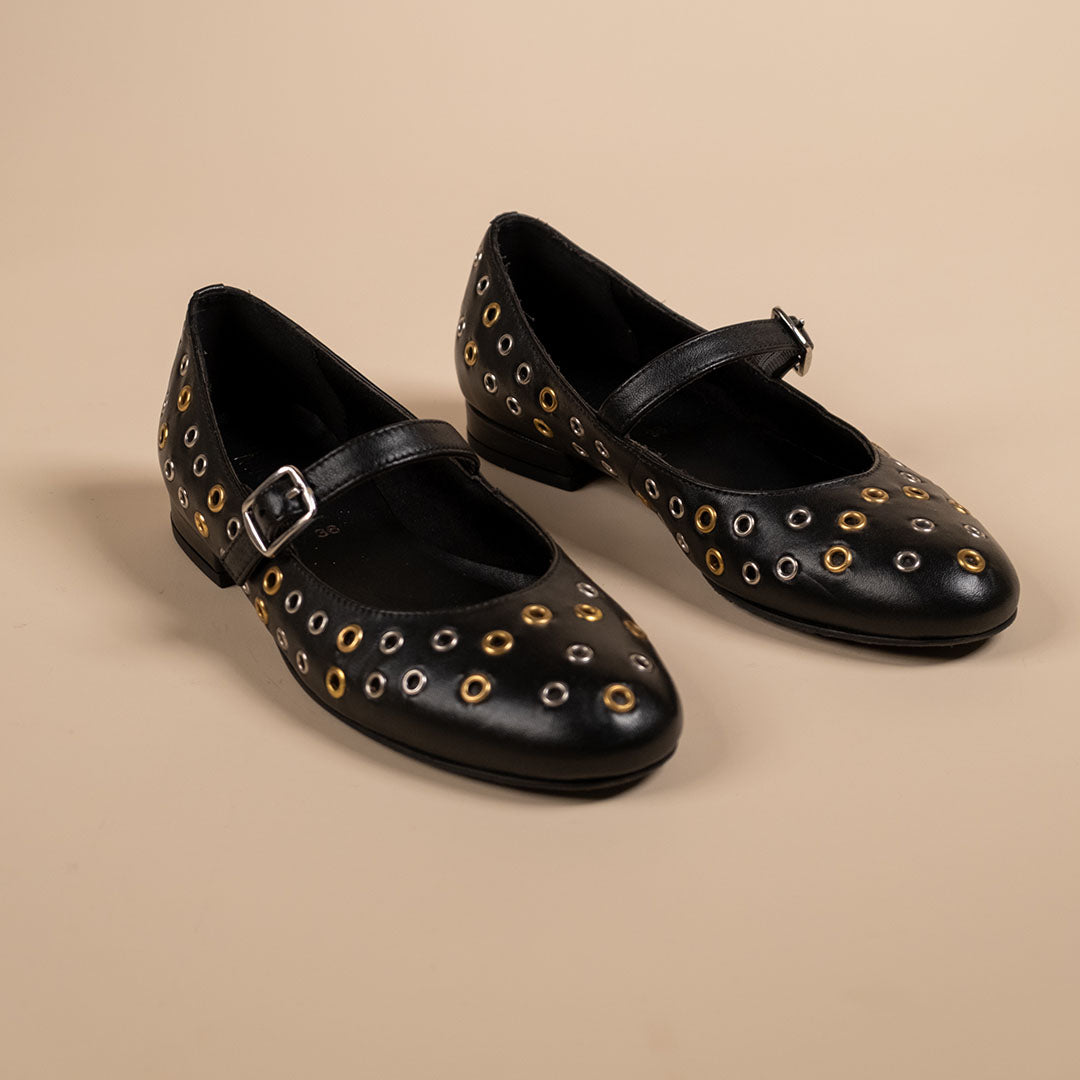 Zeva Black Leather Stud Ballerinas