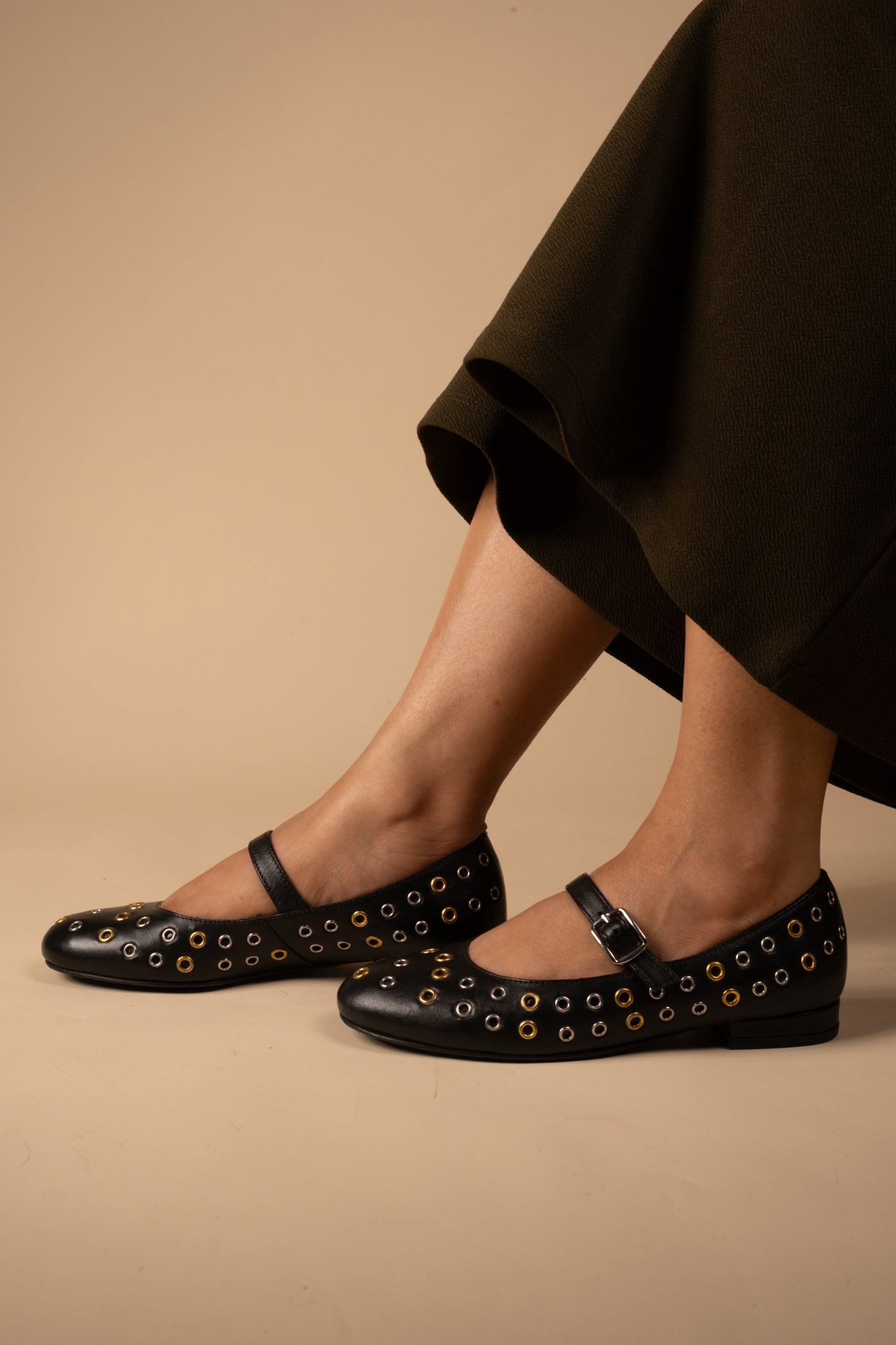 Zeva Black Leather Stud Ballerinas