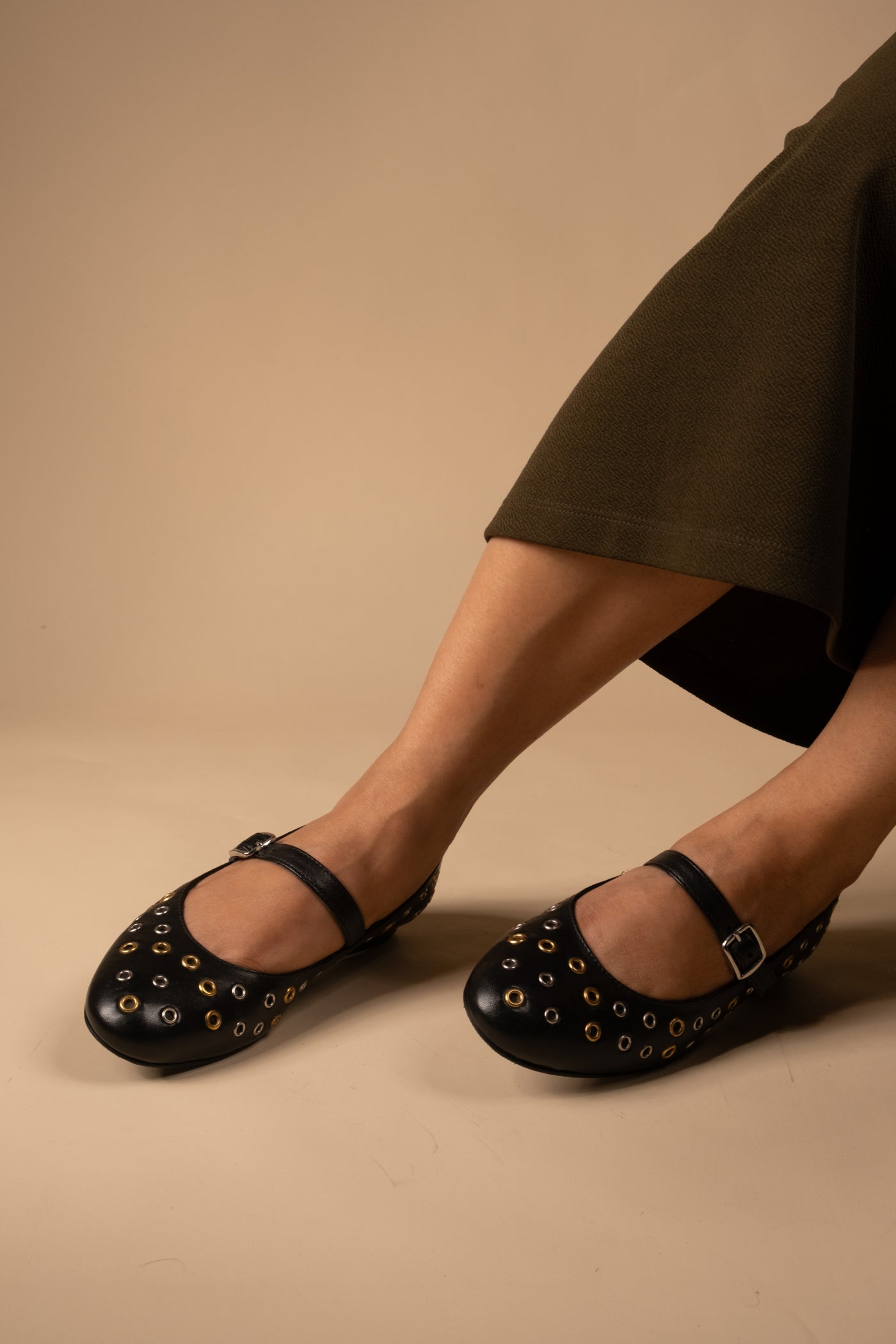 Zeva Black Leather Stud Ballerinas