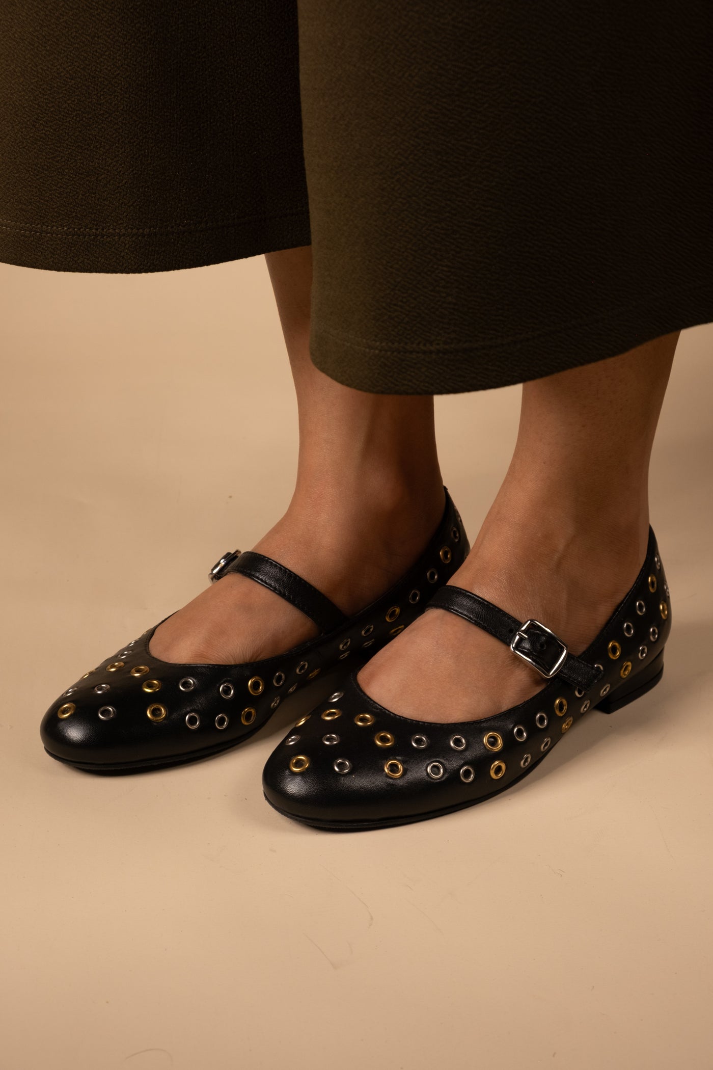 Zeva Black Leather Stud Ballerinas