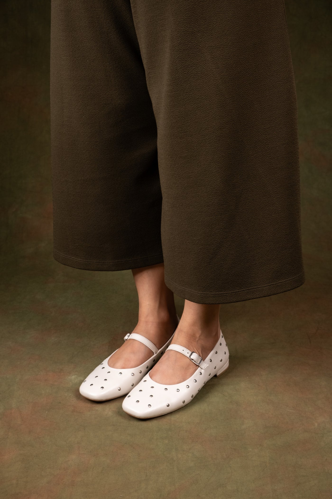 Diva White Leather Stud Ballerinas