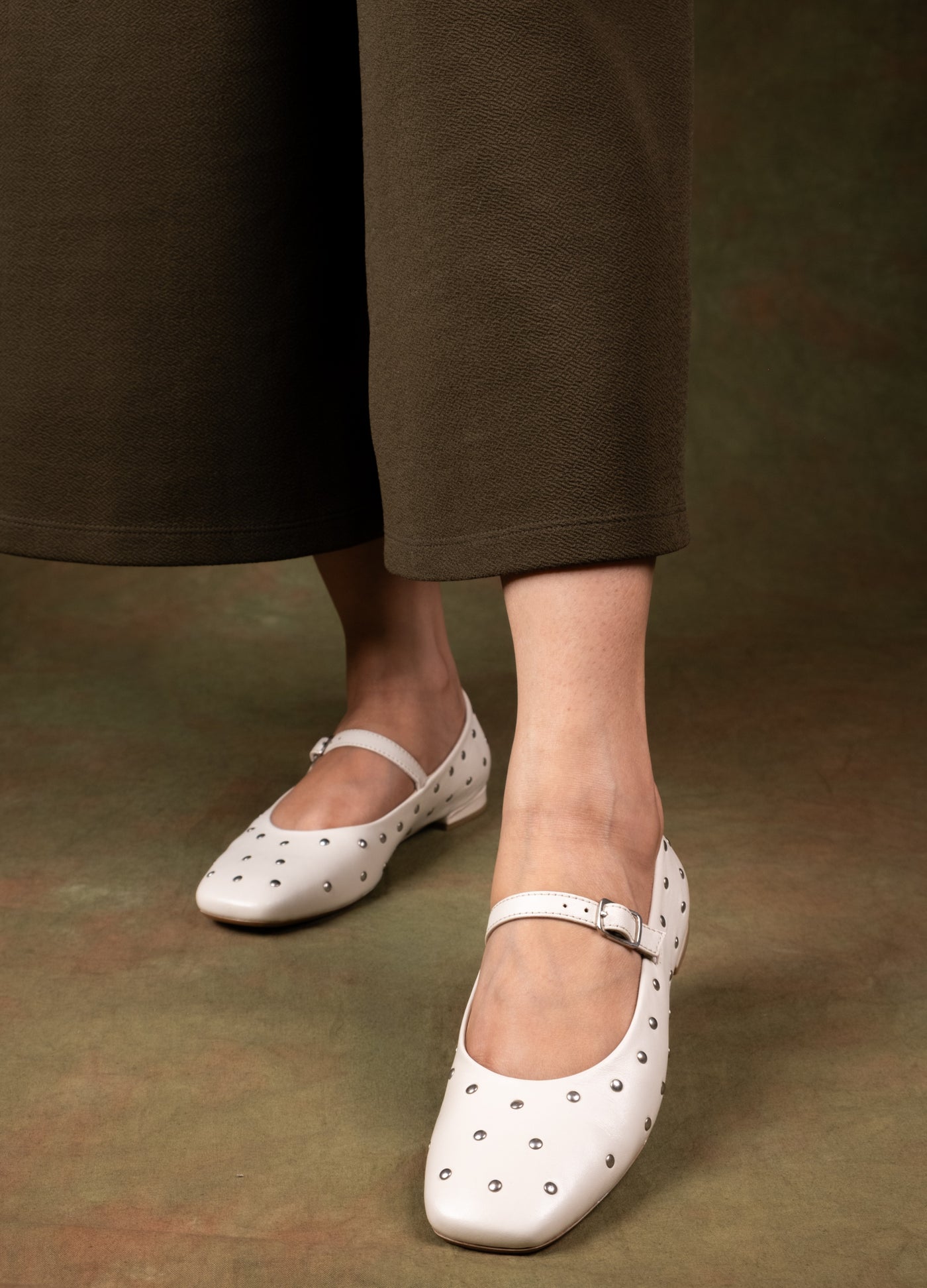 Diva White Leather Stud Ballerinas