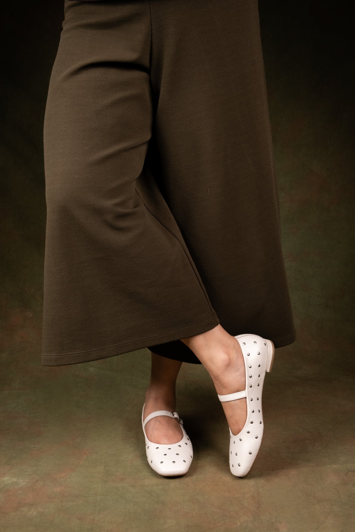 Diva White Leather Stud Ballerinas