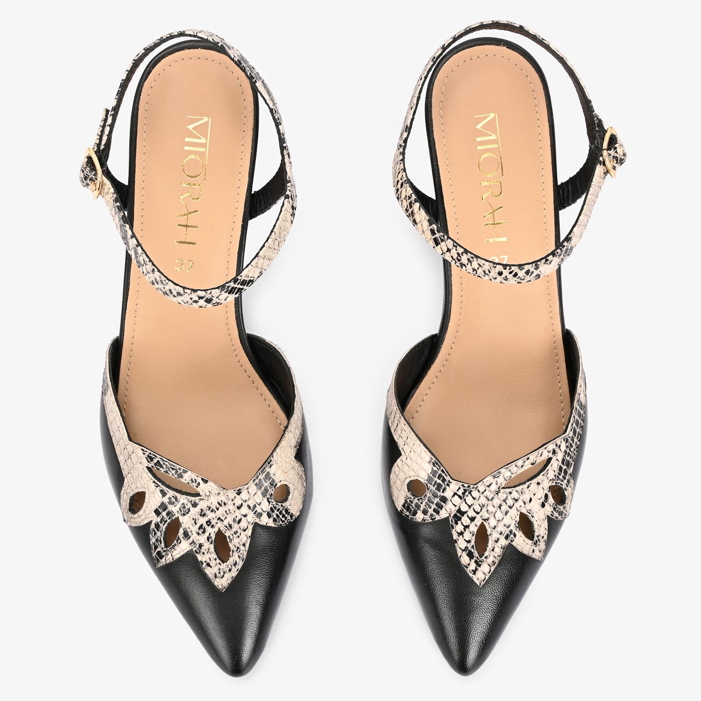 Elysia Snake Print Leather Ankle Strap Heels