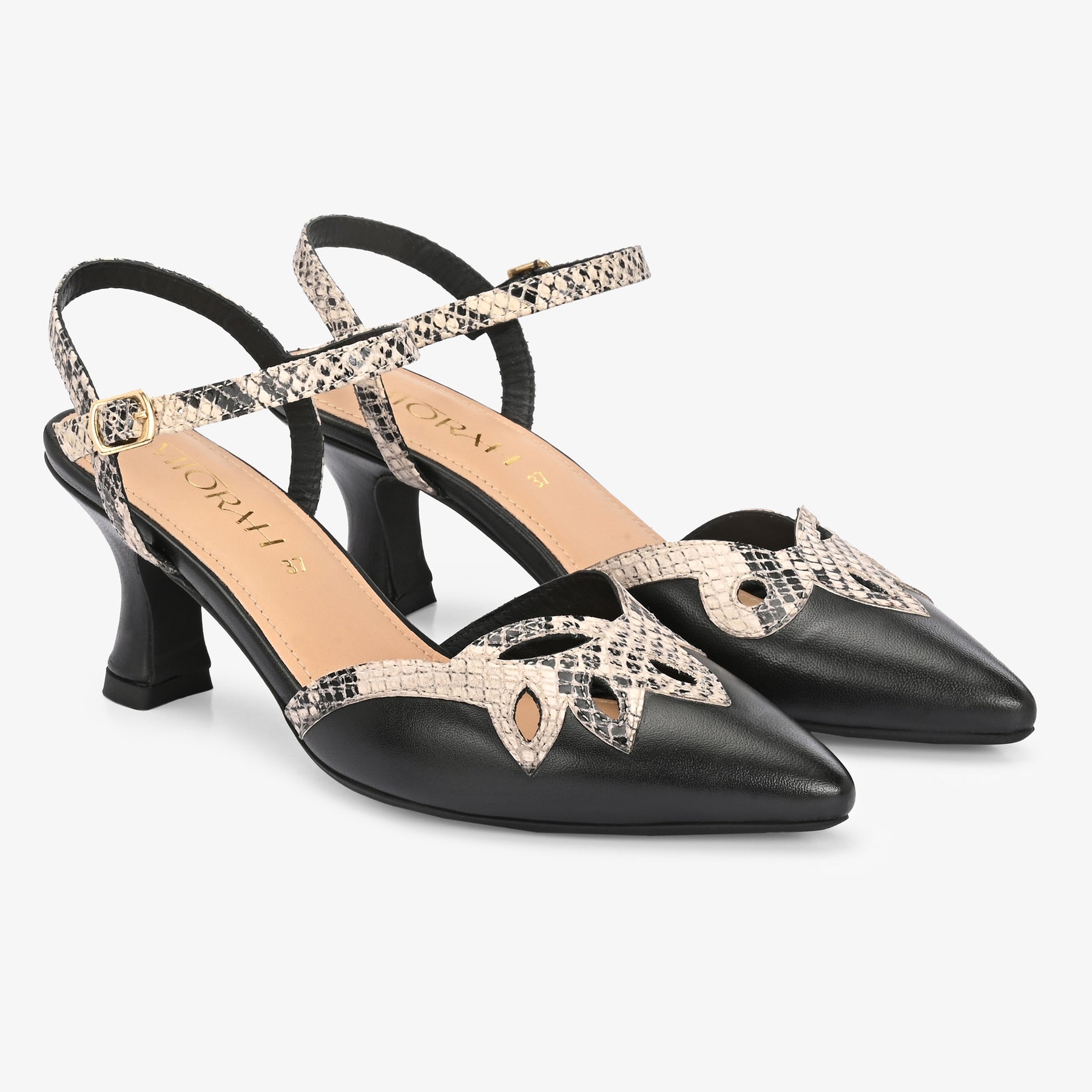 Elysia Snake Print Leather Ankle Strap Heels