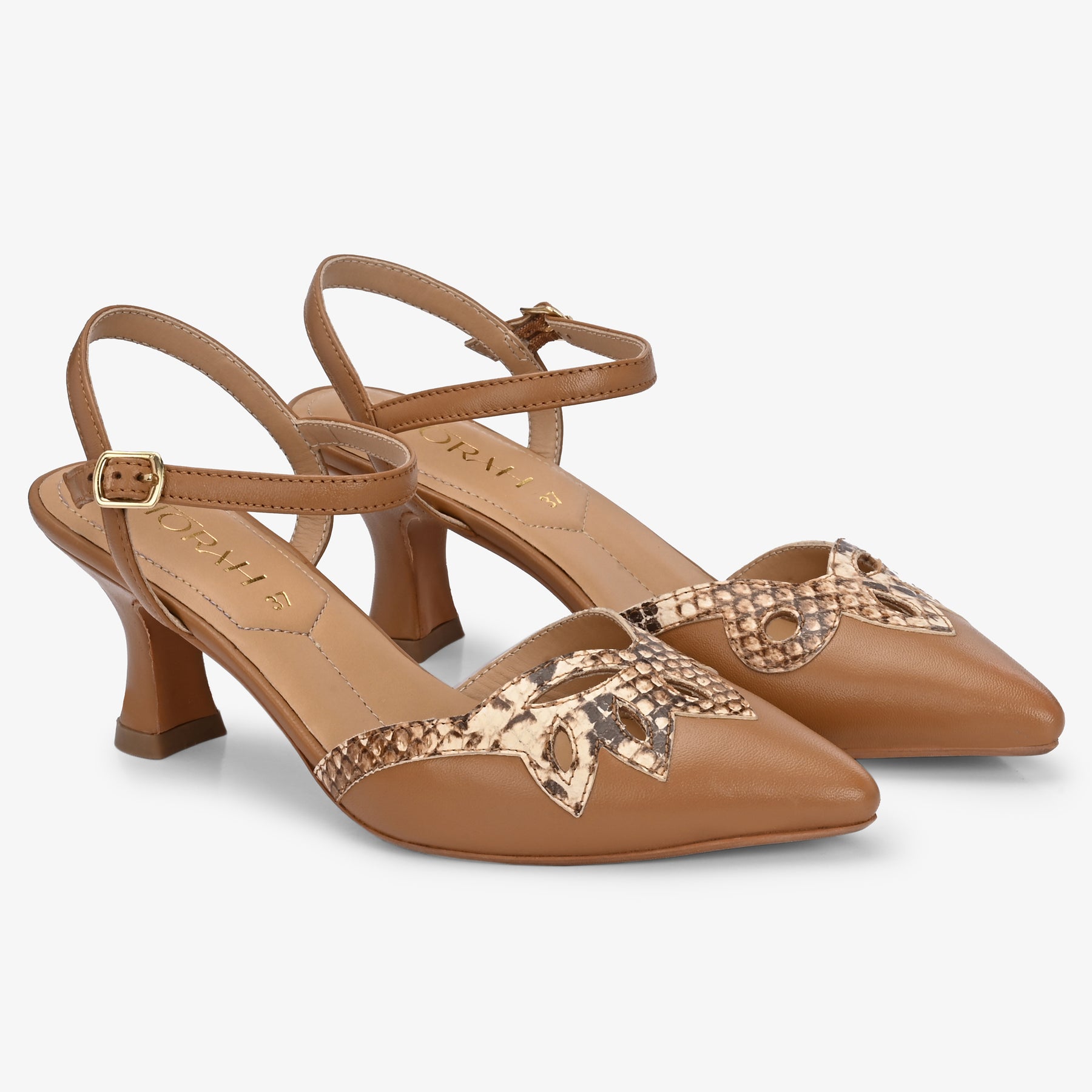 Elysia Snake Print Leather Ankle Strap Heels