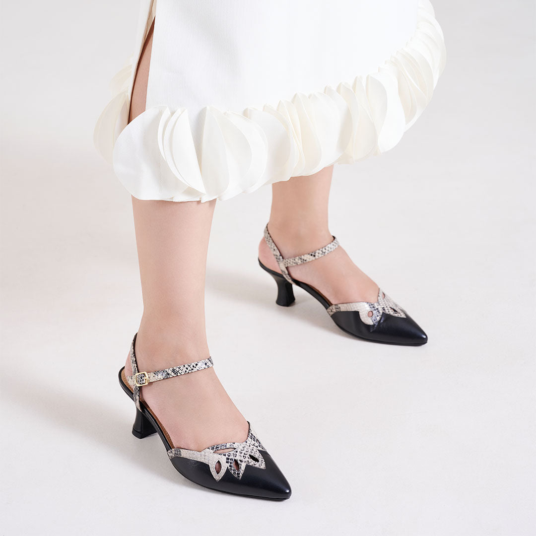Elysia Snake Print Leather Ankle Strap Heels